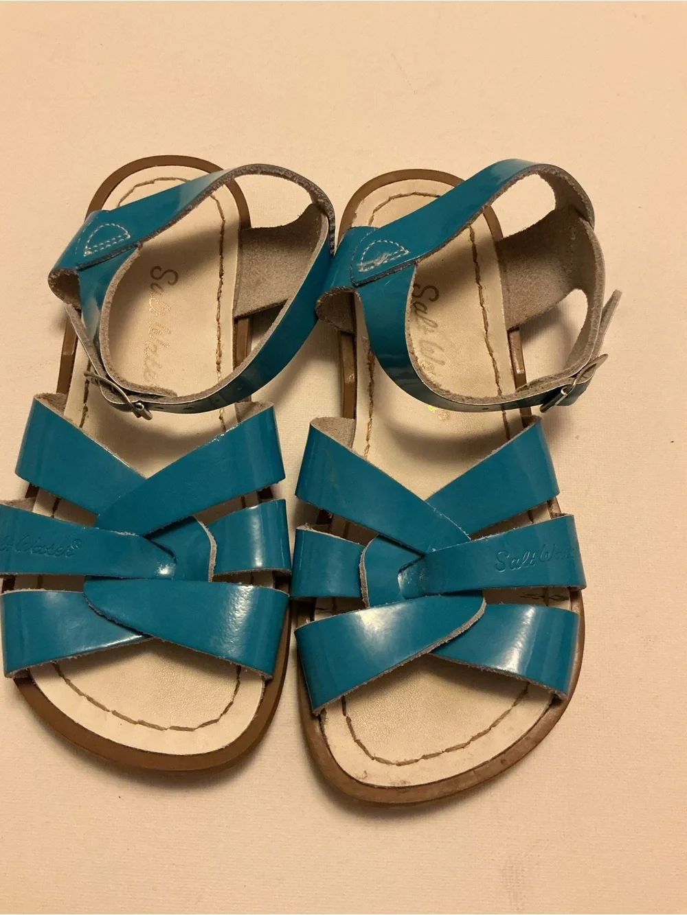 Girls' Teal Patent Leather Strappy Sandals with Ankle Buckle